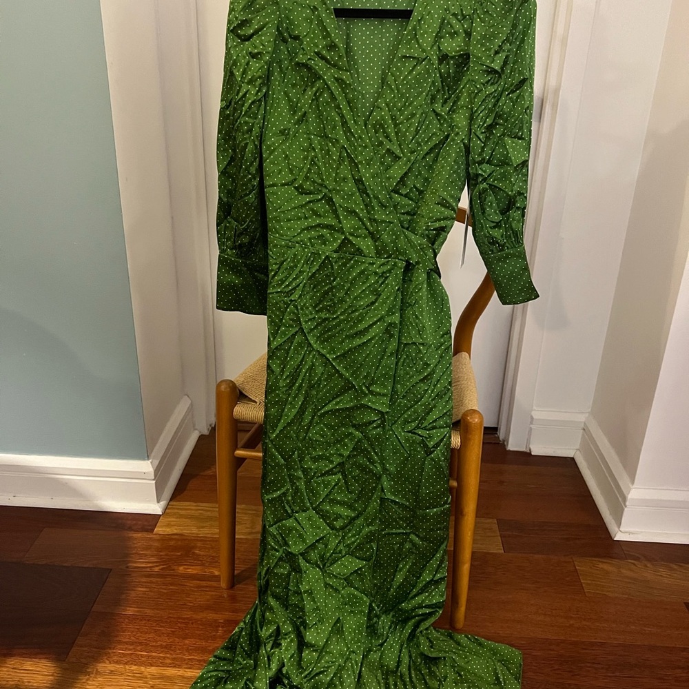 NWT Reformation Silk Green Polkadot Maxi Wrap Dress